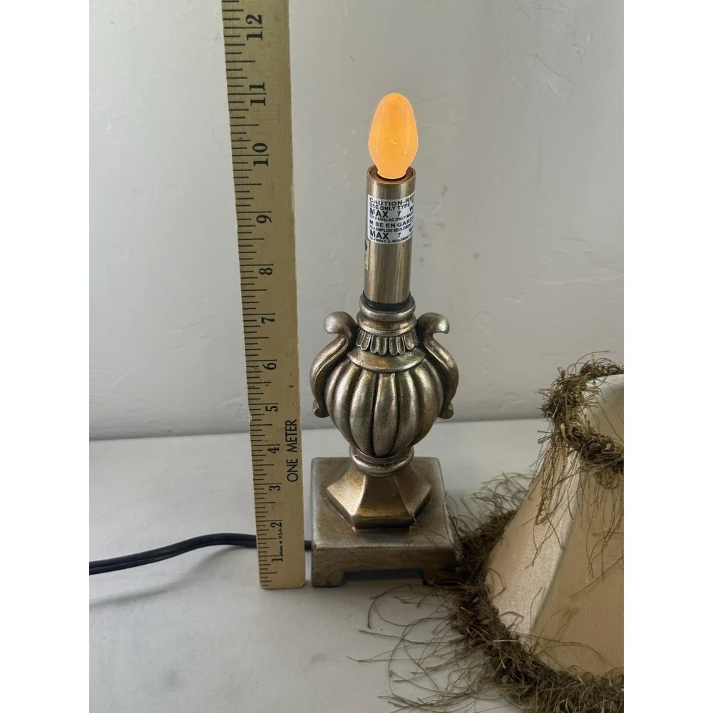 Vintage Antique Bronze Mini Accent Lamp Fringed Fabric Bell Shade Nightlight 13